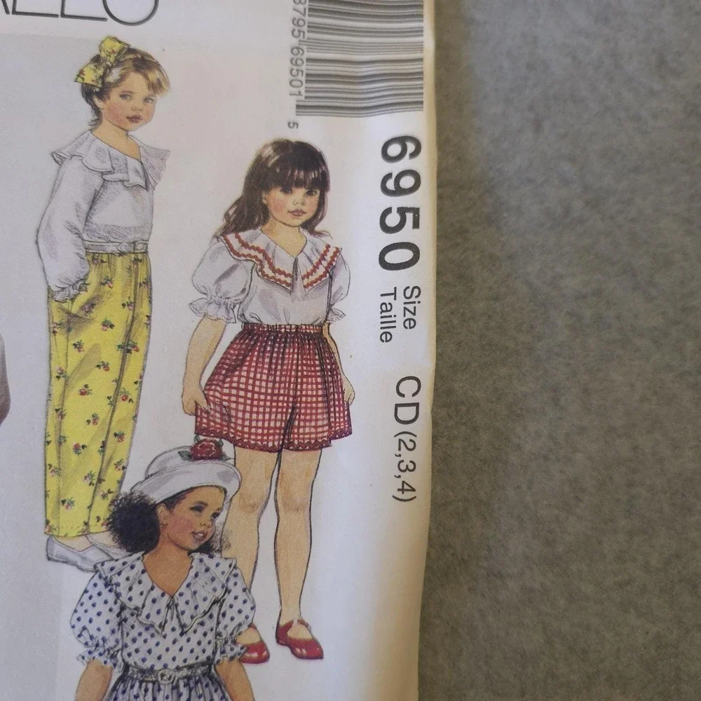 UNCUT McCall's 6950 Girl's Top Skirt Pants Shorts Pattern 2-4 Ruffle Collar